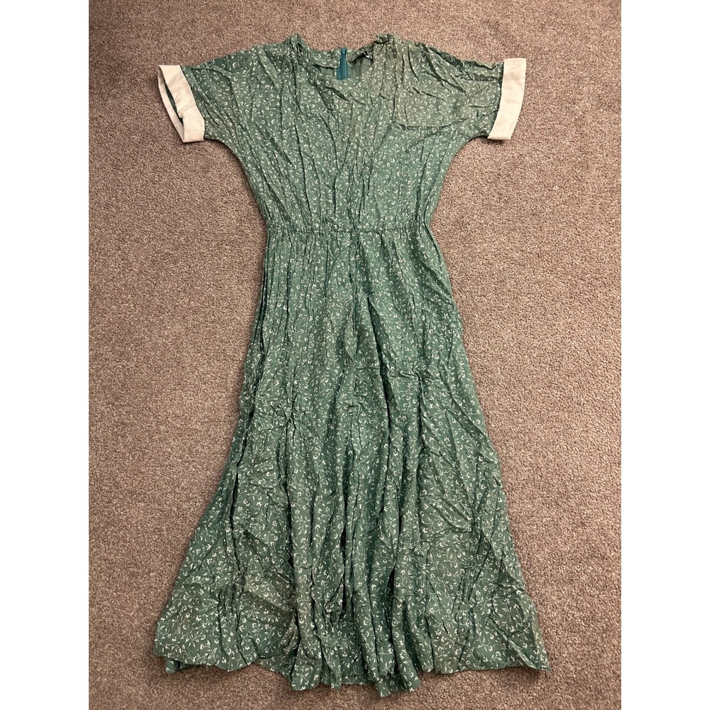 Vintage Style Boho Floral Maxi Dress Womens Small Green Excellent Short Sleeve